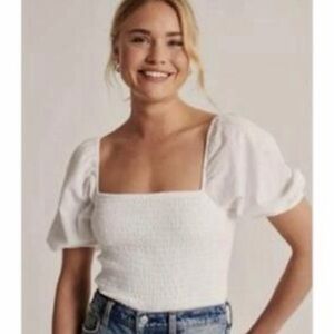 Abercrombie & Fitch White Smocked Puff Sleeve Blouse